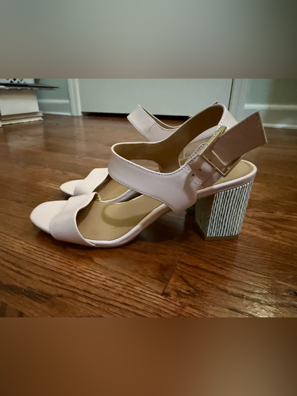 Calvin Klein Blush Block Heel Sandals with Gold Buckle
